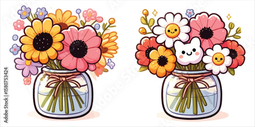 Vector art of cartoon flowers in vases isolated on white