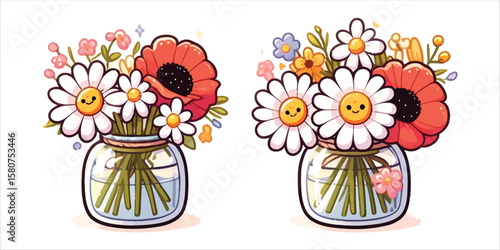 Vector art of cartoon flowers in vases isolated on white