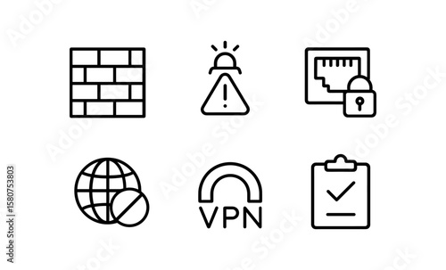 Cybersecurity icons featuring firewall, intrusion alarm, vpn, and secure port in linear style