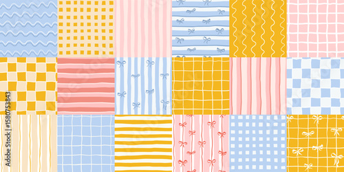 Whimsical Coquette Striped Checkered Vector Seamless Patterns Set with Ribbon Bow, Feminine Mediterranean Summer Travel Themed Design, Fabric Textile, Kitchen Decor. Simple Bold Color Backgrounds