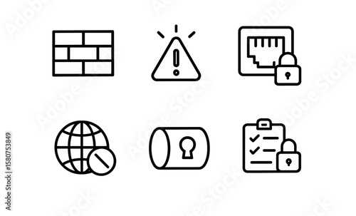 Cybersecurity icons: firewall, intrusion alarm, vpn, secure port, blocked ip, access policy