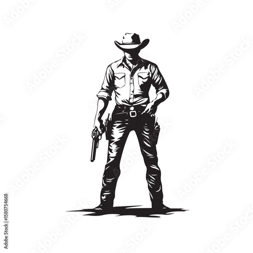 Vector illustration of a cowboy in classic western style, carrying a gun in a pose ready to shoot isolated on a white background