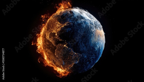 Earth, split by fire and ice.  A 3D model of Earth, half ablaze in flames, half coated in ice, highlights climate change