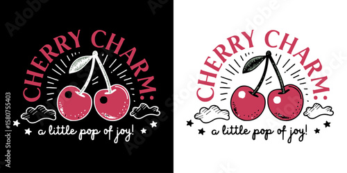 Cherry charm retro fruit illustration with playful typography and hand-drawn style featuring vibrant red cherries and whimsical decorative elements