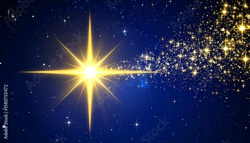 Starry night sky, bright golden star