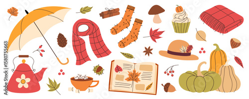 Cozy autumn set. Umbrella, books, mushrooms, scarf, pumpkins, hat, socks, hot drink with marshmallows, autumn leaves. Vector illustration.