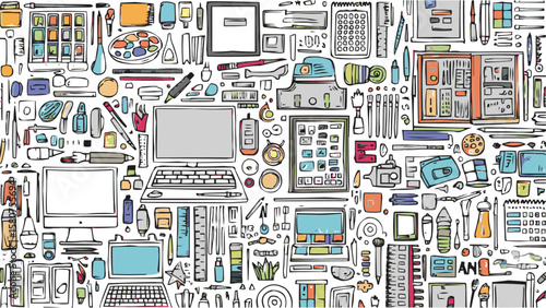 Seamless Hand Drawn Digital Workspace Pattern with Office Supplies, Computers, Tablets, and Creative Tools for Design Backgrounds and Prints