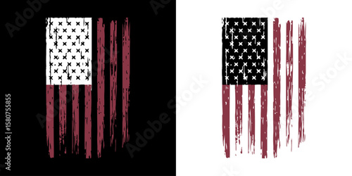 Distressed Vertical American Flag Graphic in Black and White Backgrounds with Grunge Texture for Patriotic and Military Designs