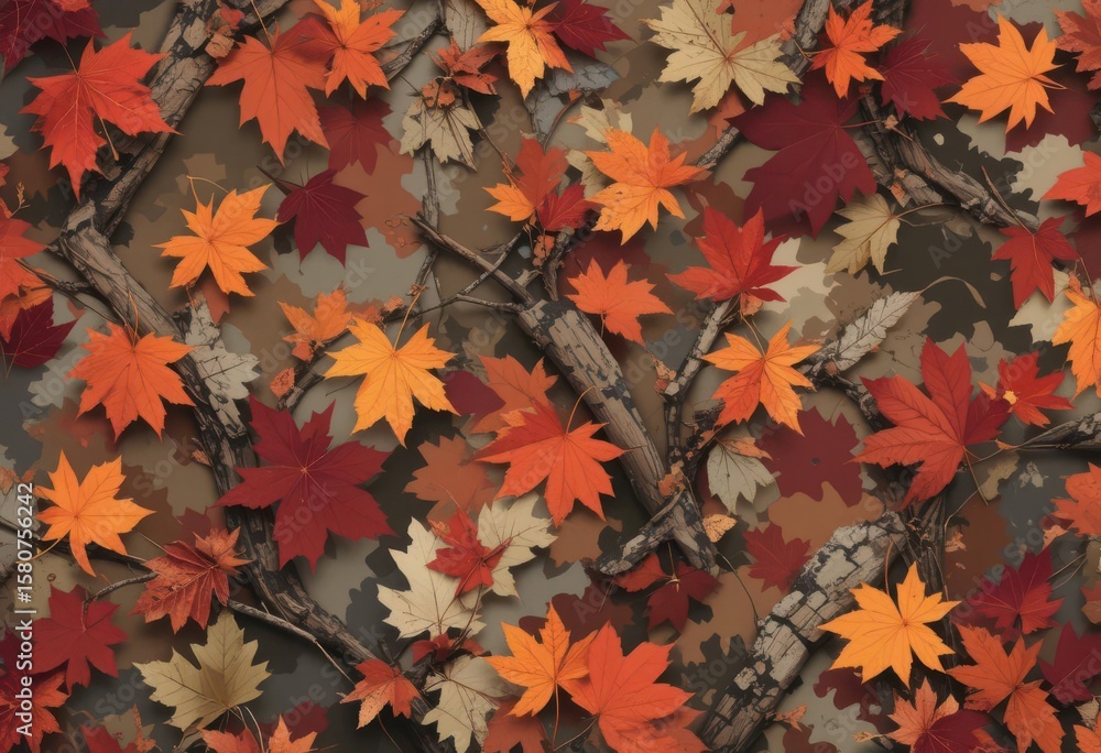 Fototapeta premium Autumn Themed Camouflage Rich reds, oranges and browns simulating falling leaves. Ideal for seasonal backdrops.
