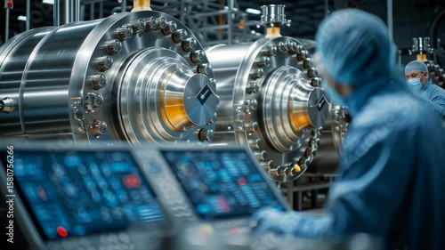 medium shot of a factory worker in protective gear monitoring the sterilization process on a digital control panel, with the large retort machine blurred in the background, 