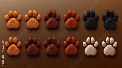 Twelve textured paw prints in various brown shades, arranged in rows