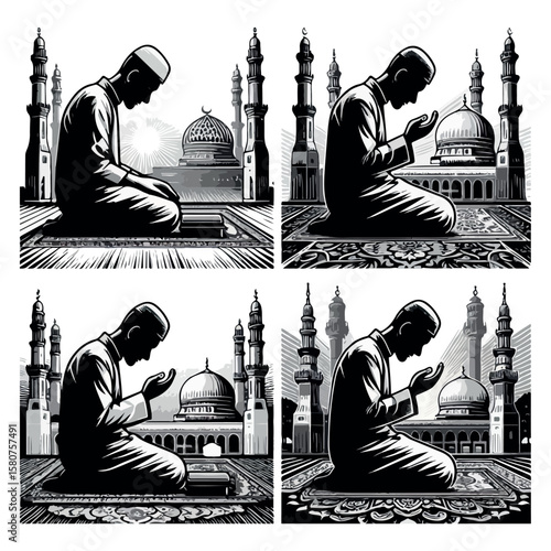 A muslim man praying in a posture of reverence