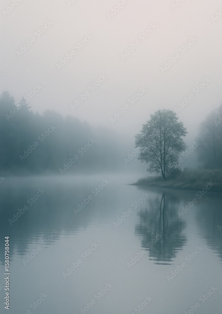 Fototapeta premium Serene misty lake reflection scene.