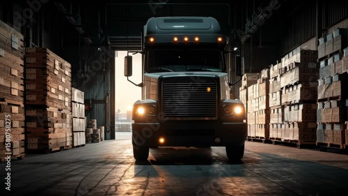 the large doors of a loading dock opening, with a truck backing in, ready to be loaded with pallets of canned food, symbolizing the connection between factory and consumer, dawn lighting