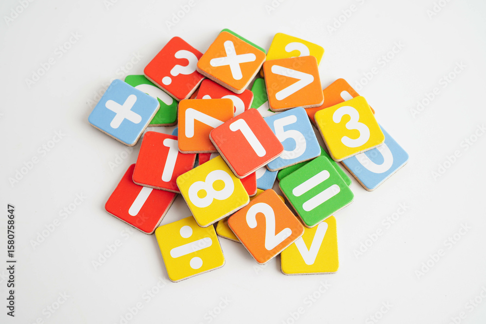 Obraz premium Number wood block cubes for learning Mathematic, education math.