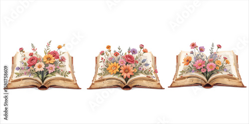 Vector art of books bursting with vibrant flowers