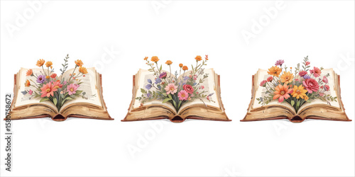 Vector art of flowers bloom from vintage books