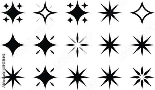 collection of sixteen outlined black star icons with unique geometric styles in grid layout for design and decorative usage