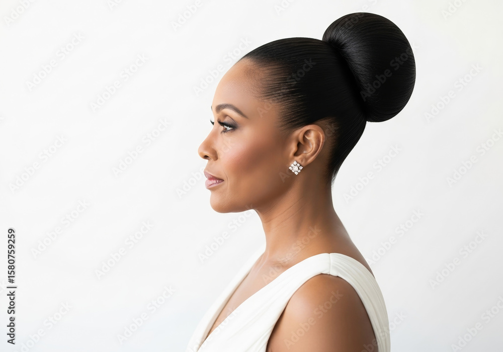 Elegant woman with a sleek hairstyle, posing in profile against a white background. Elegant woman with a sleek hairstyle, posing in profile against a white background.