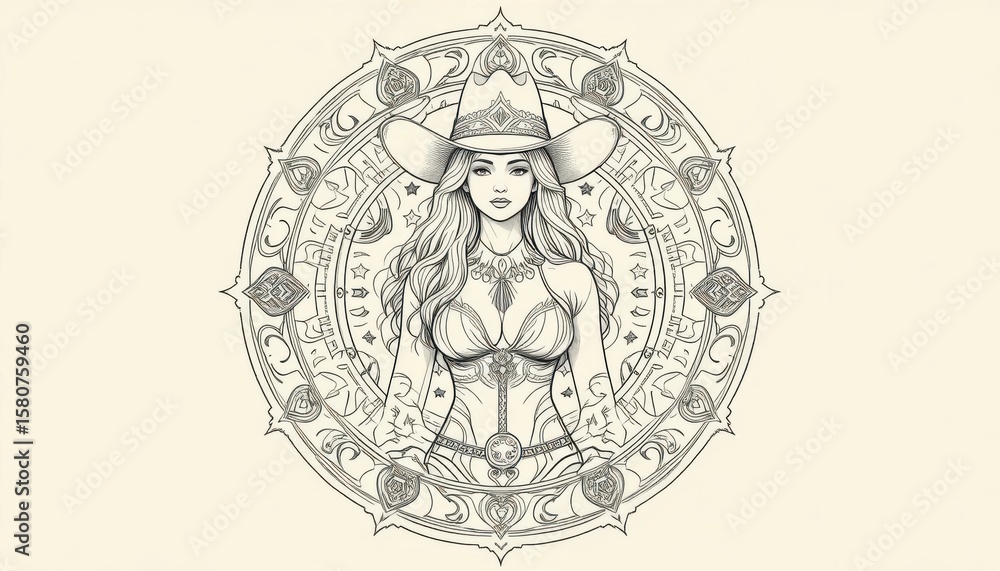 Intricate line work creates a calming mandala featuring a woman in a cowboy hat, blended with western symbols. Intricate line work creates a calming mandala featuring a woman in a cowboy hat, blended with western symbols.