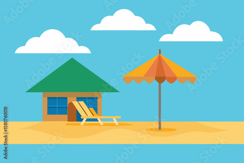 beachside bungalow with sun loungers and umbrella