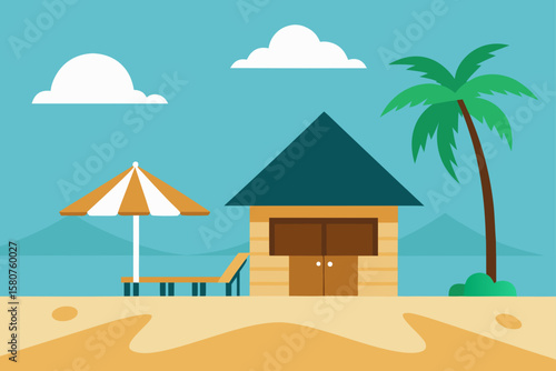beachside bungalow with sun loungers and umbrella