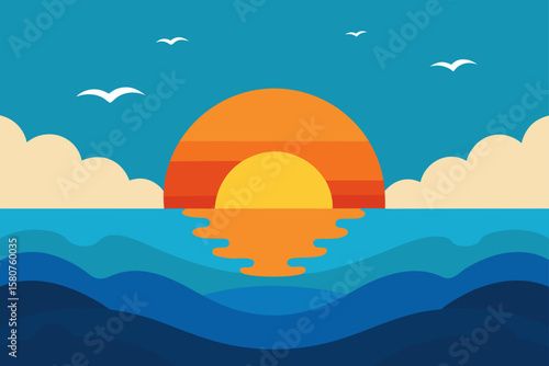 beautiful sunrise sky with ocean waves and birds