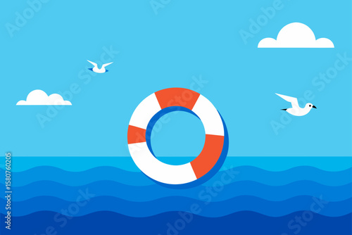crystal clear ocean with floating lifebuoy
