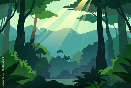 dense rainforest with mist and sunlight rays