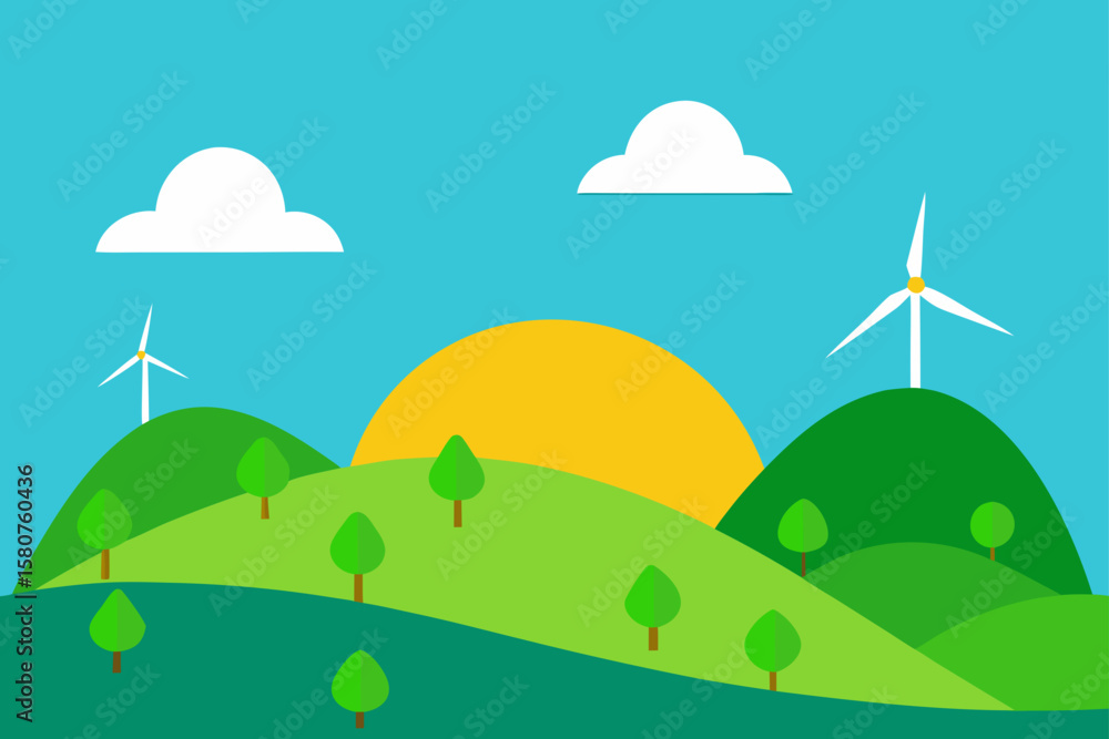 Fototapeta premium green hills with wind turbines under sunny sky