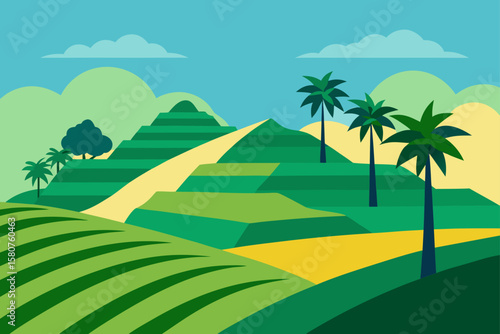 hillside with rice paddies and tropical trees