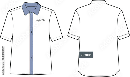Men’s polo shirt front and back view, short sleeve clothing flat sketch, fashion template, button placket design, vector illustration
