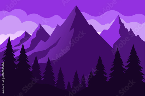 misty mountain peaks with pine trees and purple