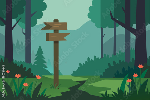 misty forest trail with wooden signposts