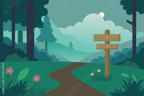 misty forest trail with wooden signposts
