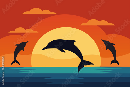 ocean scene with dolphins jumping in sunset light