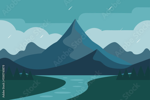 rainy mountain scene with fog and riverbank