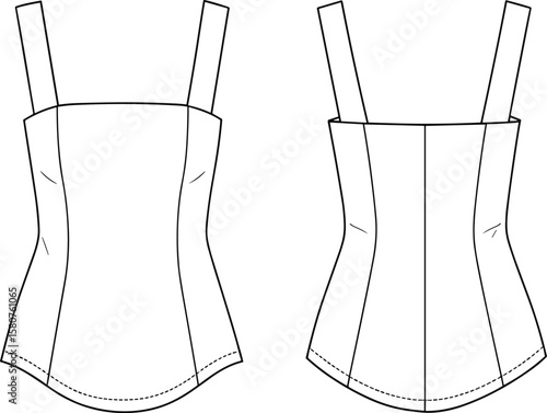 Women's basic corset top fashion flat sketch, front and back view, vector technical drawing, fitted sleeveless blouse apparel design template.