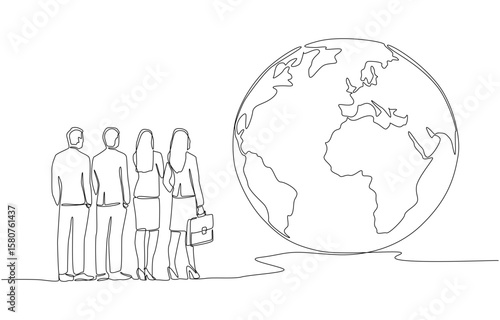 Continuous one line drawing of business professionals standing together and looking at earth globe, team vision and international business opportunity concept, single line art.