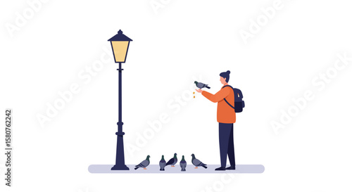 A person feeding pigeons by a vintage lamppost in a minimalist vector illustration depicting urban wildlife interaction and serene city life with simple design elements