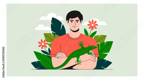 A young man with a friendly expression holding a bright green lizard surrounded by tropical plants and flowers in a vector illustration