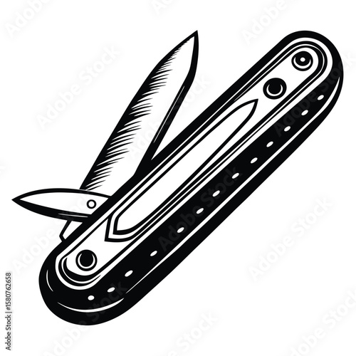 Open pocket knife black and white multi-tool blade