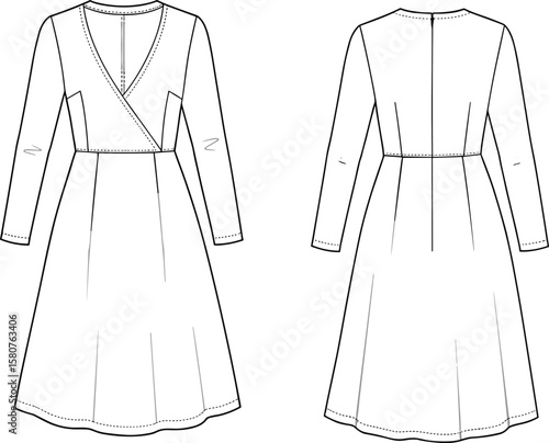 Women’s long sleeve midi dress technical flat sketch, V-neck wrap front style, fashion design template, vector garment illustration.