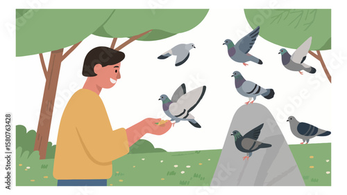 Cheerful man feeding pigeons in a park surrounded by trees and lush greenery on a sunny day