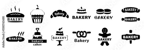 Bakery logo set, black silhouette design, branding elements