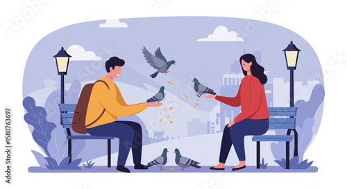 Couple feeding pigeons in the park illustration with city skyline and street lamps, a peaceful scene of leisure and connection with nature
