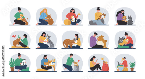 Diverse collection of people bonding with their dogs and cats in cozy indoor settings, showcasing the joys of pet companionship and affection