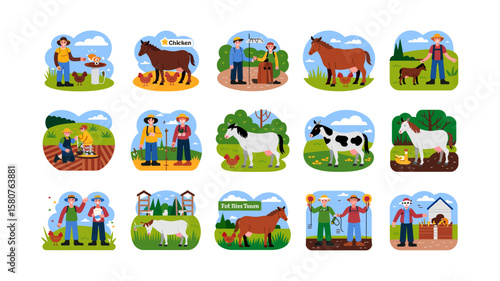 Diverse farm animals and farmers engaging in agricultural tasks in vibrant cartoon illustrations conveying the essence of rural life