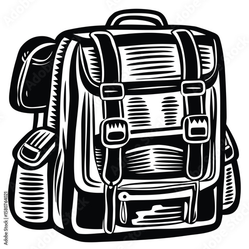 Black and white backpack with straps and buckles silhouette