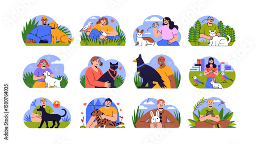 Diverse people bonding with animal companions pets featuring dogs cats birds and rabbits in vector illustration